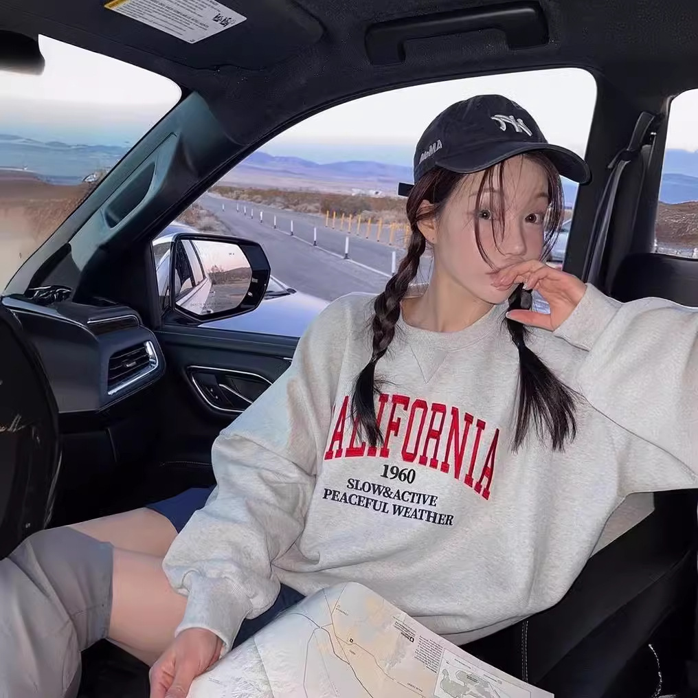 (柒柒)韩国东大门复古有feel宽松慵懒时髦刺绣圆领字母毛圈卫衣