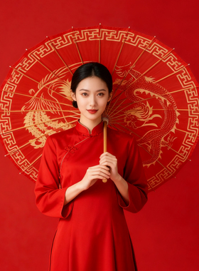 红色油纸伞古风道具中国风防雨桐油伞喜庆中式婚礼新娘迎亲红雨伞