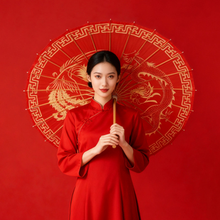 红色油纸伞古风道具中国风防雨桐油伞喜庆中式婚礼新娘迎亲红雨伞