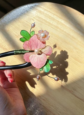 绒花分色桃花发簪复古旗袍汉服发梳古风发饰品气质淡雅手作