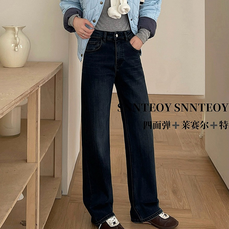 代嘉儿弹力特绒窄版阔腿裤牛仔裤