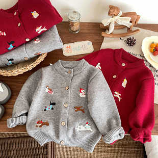 韩系儿童针织开衫毛衣满身绣花狗男女童毛衣冬季款式