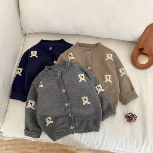 韩版男童毛衣春装2025新款帅气宝宝卡通小熊针织开衫儿童时髦外套