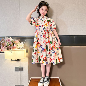 女童夏季连衣裙2023夏装新款洋气纯棉布碎花裙女大童衬衫领公主裙