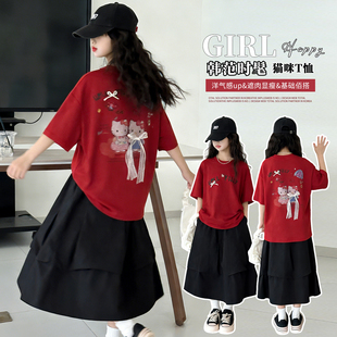 女童红色短袖T恤超好看女大童半袖上衣2026春夏新款洋气时髦舞蹈T