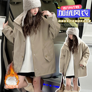 女童加厚加绒风衣外套秋冬装中大童初中生中长款洋气时髦保暖棉服