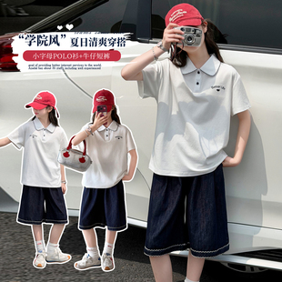 女童夏季学院风polo衫T恤短裤中大童韩系休闲短袖t恤牛仔中裤套装
