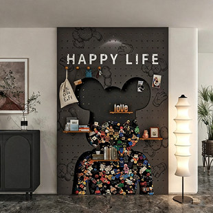 洞洞板实木置物架定制暴力熊图案入户玄关墙面装饰遮挡收纳展示架