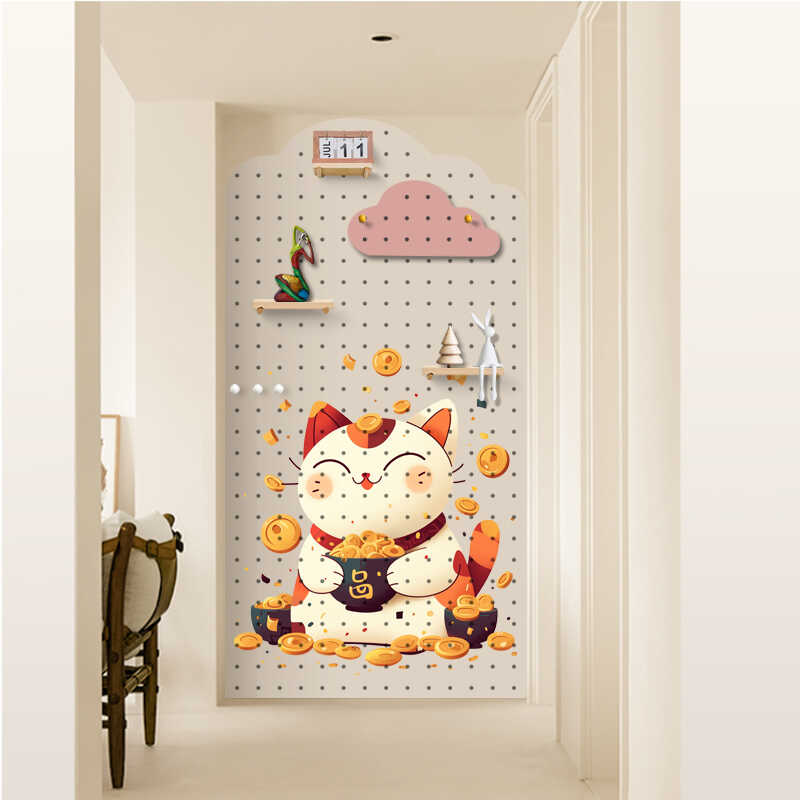 实木隔板招财猫墙面装饰置物架