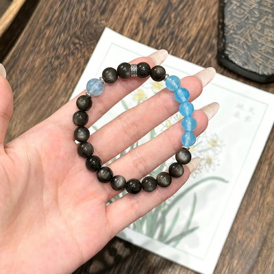 天然银曜石海蓝宝多宝手串女款手链双重补水招财聚财转运夏天