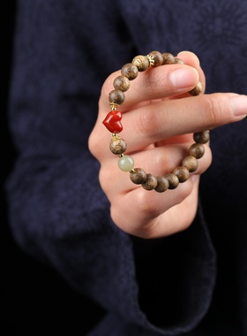 手链女款2025新款手串天然绿檀木红玛瑙和田玉文玩檀香佛珠串珠
