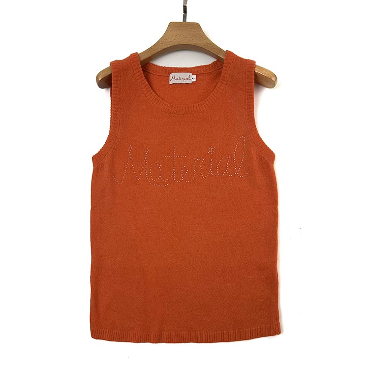 羊毛背心 圆领套头毛衣桔黄色钉珠字母 精纺2023年新款春秋冬通勤