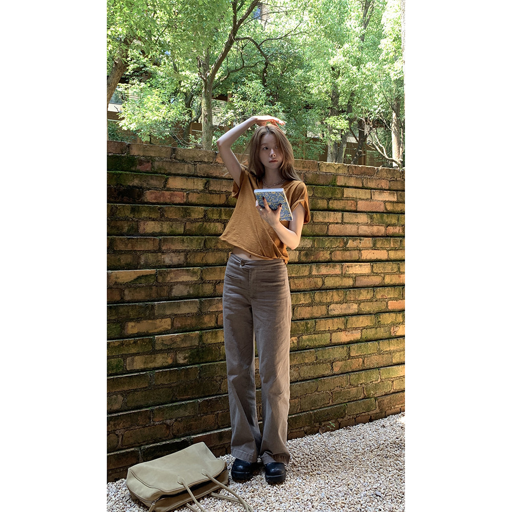 Hellooo Eat женские прямые брюки кофейного цвета с эффектом стирки, эластичные повседневные длинные брюки