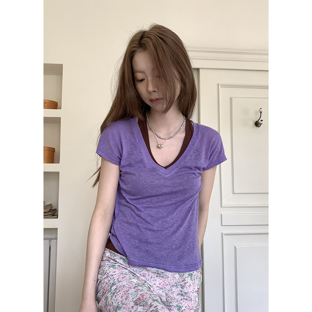 Hellooo Eat эластичная приталенная футболка с V-образным вырезом из полиэстера и льна