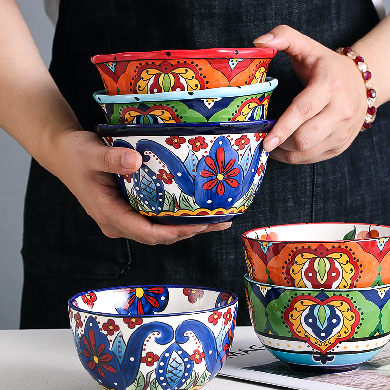 波西米亚手绘碗陶瓷饭碗家用米饭碗水果沙拉碗创意餐具个性大花碗