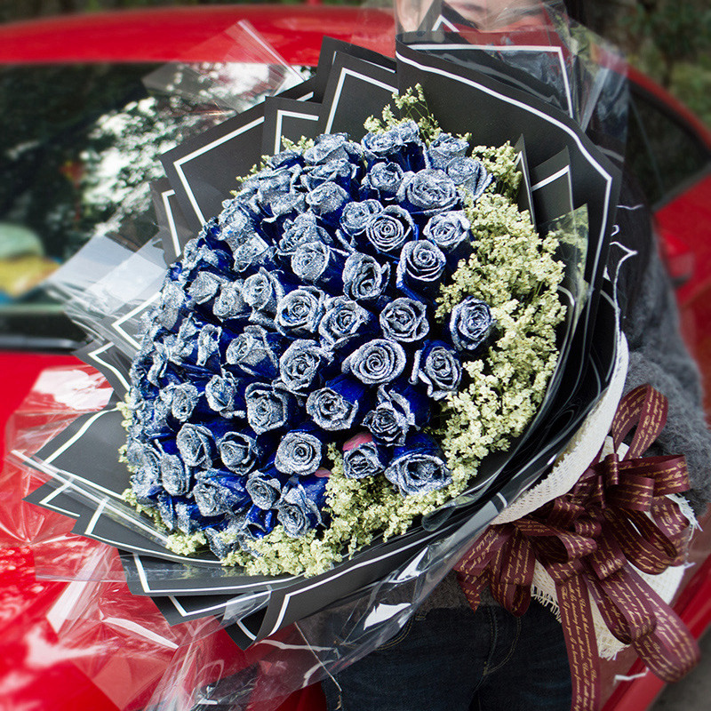 送女友99朵蓝色妖姬蓝玫瑰花束礼盒礼物广州情人节同城配送速递