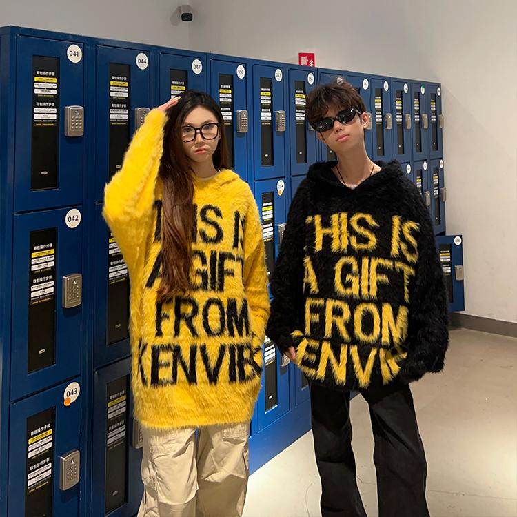 懒风仿貂毛连帽毛衣男女