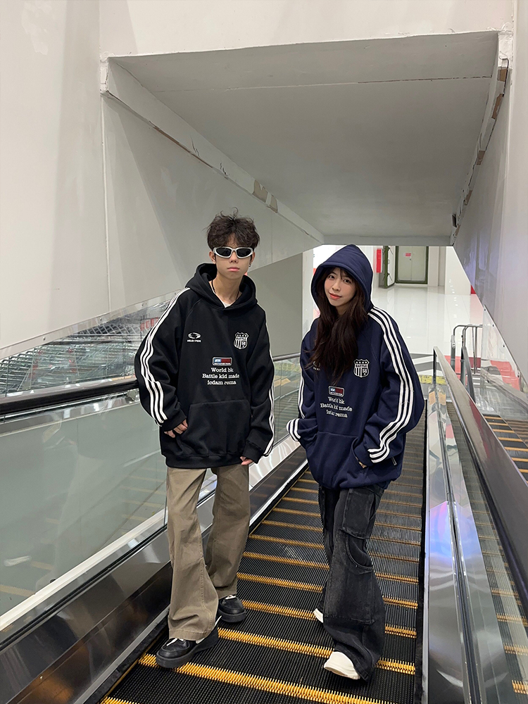 原创美式复古加绒连帽卫衣