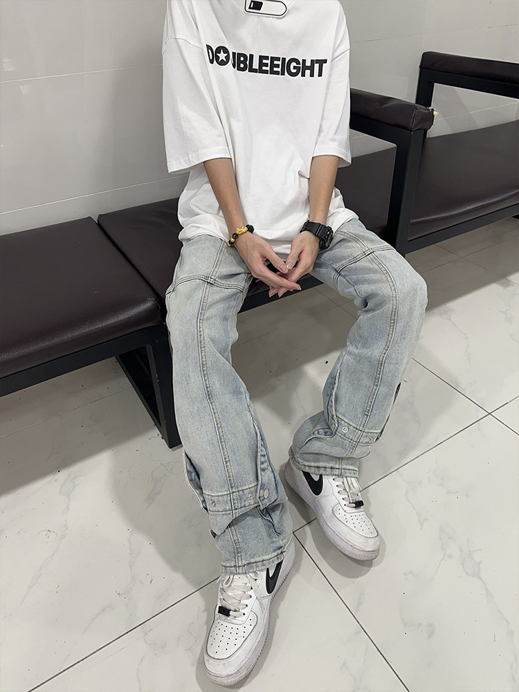 高街复古纽扣微喇叭牛仔裤