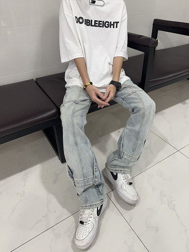 高街复古纽扣微喇叭牛仔裤