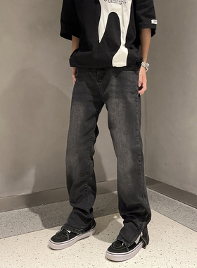 126国潮 美式高街水洗黑色牛仔裤嘻哈侧边拉链开叉复古直筒裤子男