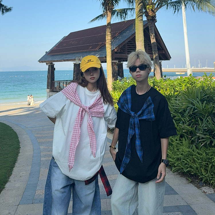 美式复古蝴蝶结格子绑带短袖T恤