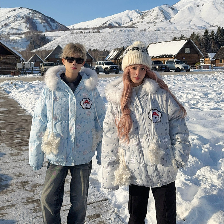 美式可爱小狗耳朵连帽棉服