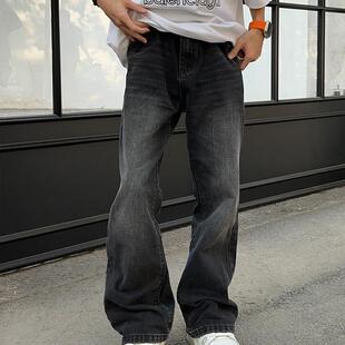 126KID 美式水洗黑色微喇牛仔裤男女宽松直筒显瘦cleanfit长裤子
