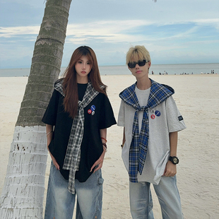 t恤男女款 格子披肩短袖 cleanfit徽章高街连帽tee 原创美式 126KID