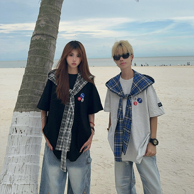 美式格子披肩短袖t恤男女