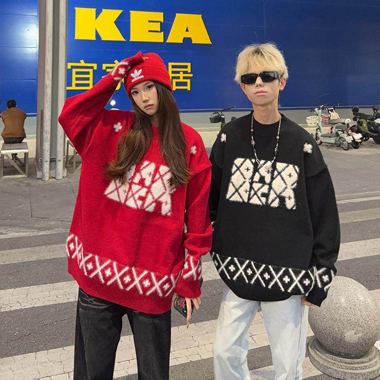 美式复古慵懒风提花字母圆领毛衣