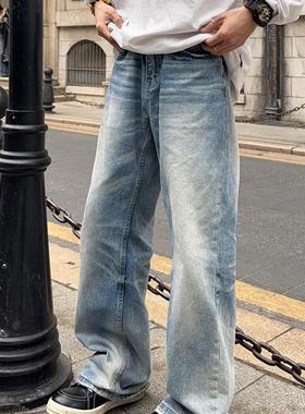 126KID 美式复古水洗阔腿蓝色牛仔裤男女百搭宽松潮牌直筒休闲裤