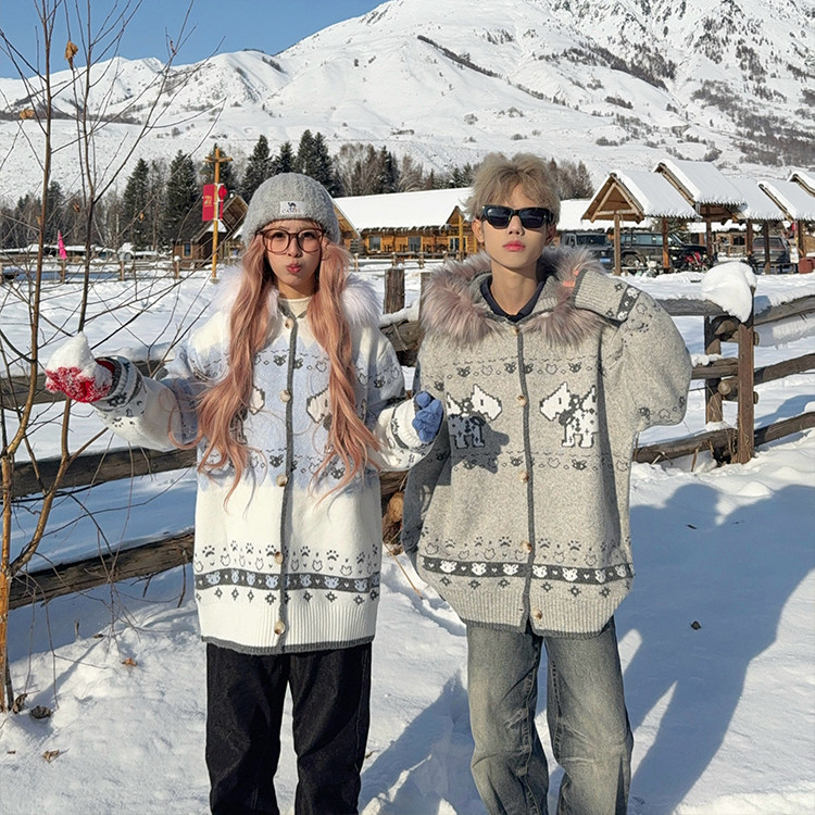 126KID 美式毛领提花连帽针织开衫费尔岛小狗毛衣男女冬季