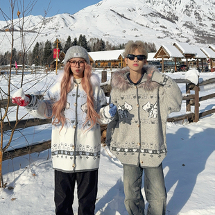 费尔岛小狗毛衣男女冬季 毛领提花连帽针织开衫 美式 126KID