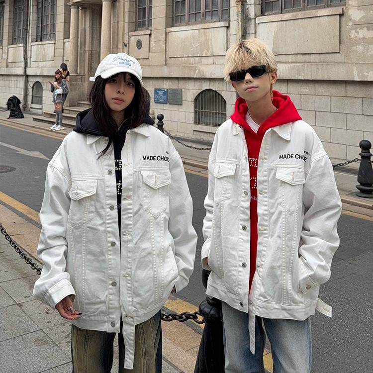 126KID 美式白色字母刺绣牛仔外套夹克2025春季男女宽松情侣款潮