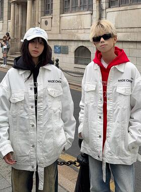 126KID 美式白色字母刺绣牛仔外套夹克2025春季男女宽松情侣款潮