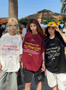 126KID 美式复古国潮牌字母印花短袖T恤男女夏季新款情侣宽松tee