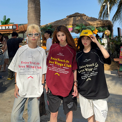 126KID 美式复古国潮牌字母印花短袖T恤男女夏季新款情侣宽松tee