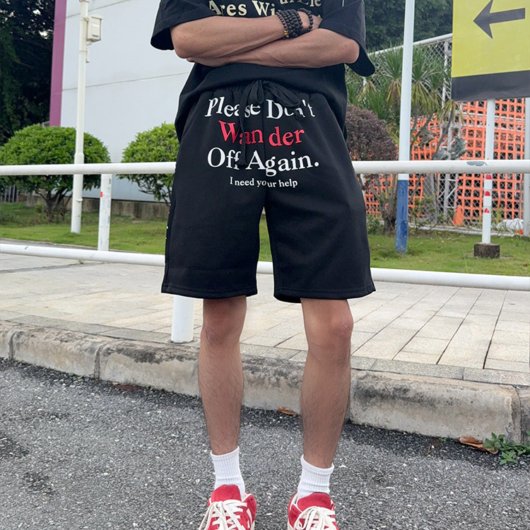 126KID 美式复古字母印花运动短裤男女夏季宽松抽绳五分裤卫裤