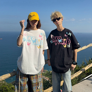 T恤男女夏季 手绘字母短袖 情侣上衣蝴蝶宽松tee 国潮牌美式 126KID