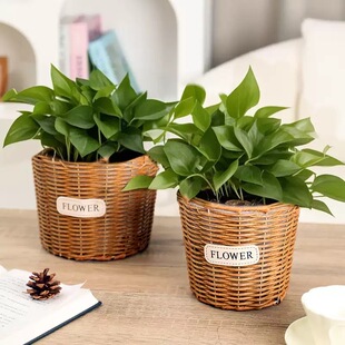 两件包邮伴礼品鲜花包装草编提篮鲜花盆简约现代花篮黄色中圆皮牌
