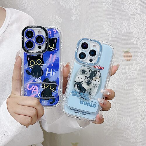 日韩ins紫色卡通黑猫咪支架适用苹果14手机壳13ProMax新款iPhone1