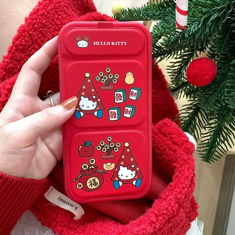卡通红色发财猫咪适用苹果16promax手机壳iphone13折叠支架14/15