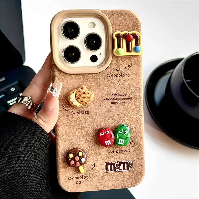 棕色M豆饼干适用iphone15苹果16promax手机壳新款13pro立体14皮纹