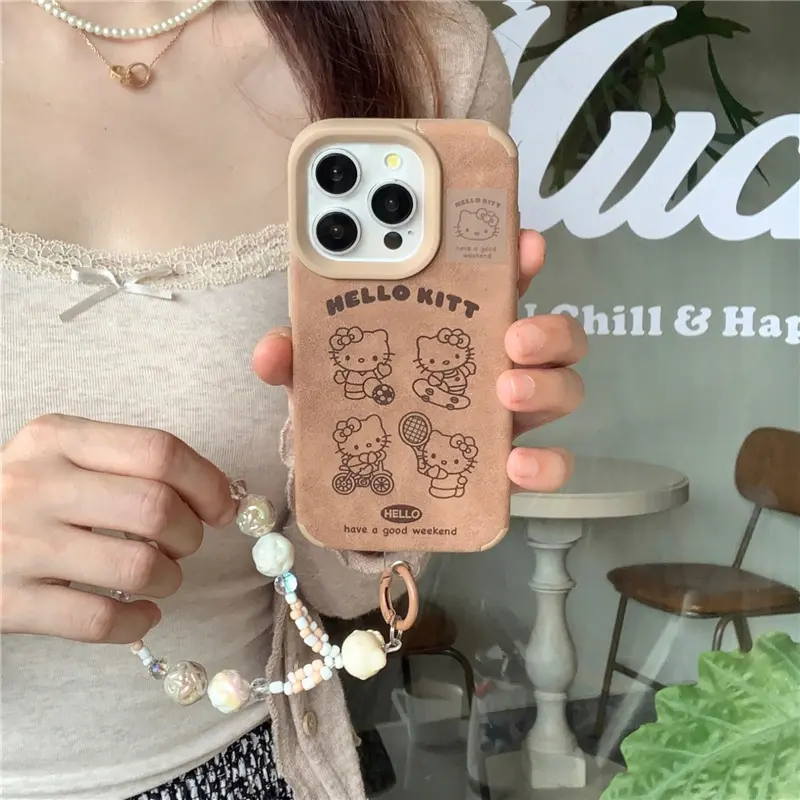 ins可爱kt猫咪链条适用苹果16手机壳iPhone15ProMax棕色皮革14/13