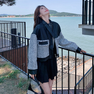 现货 6811 2025秋装 2C056 P140控198 小香风撞色黑色皮衣外套