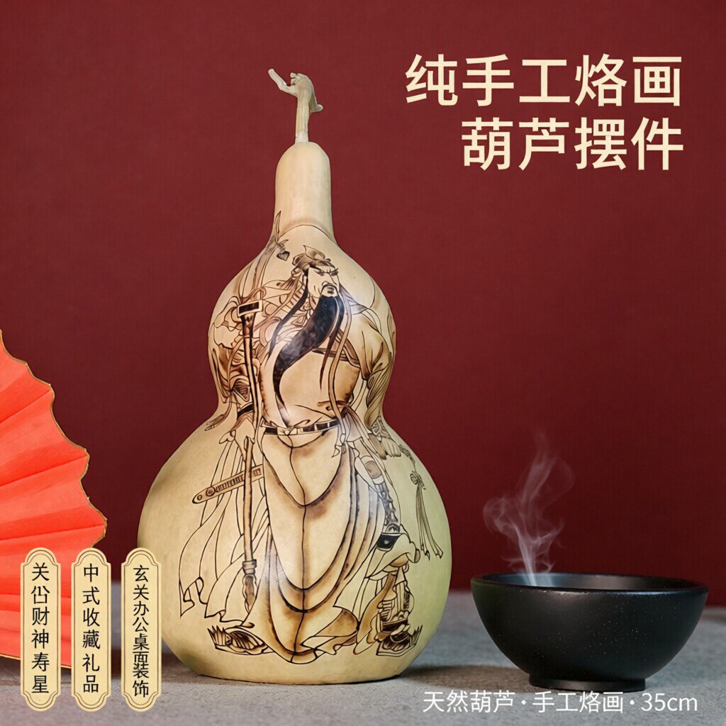 纯手工烙画葫芦摆件关公财神寿星家居客厅玄关办公室桌面装饰礼品