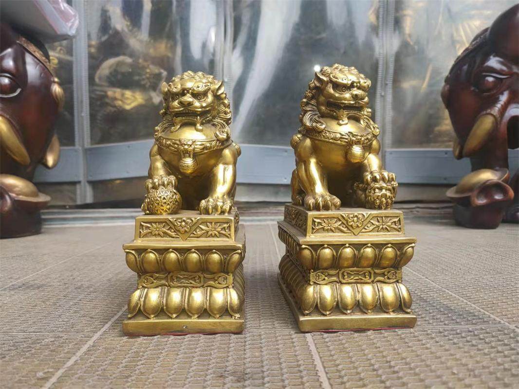 家居镇宅摆件铜狮子一对宫门狮莲花底座路冲招财天斩煞门厅办公桌
