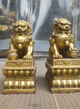 家居镇宅摆件铜狮子一对宫门狮莲花底座路冲招财天斩煞门厅办公桌