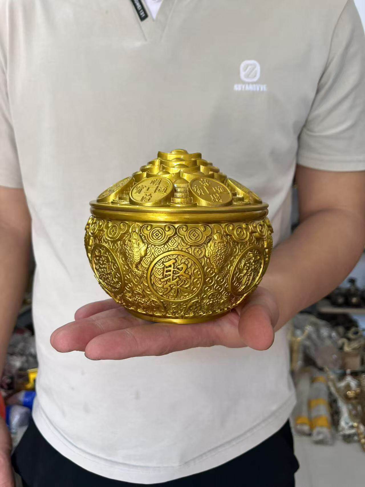 黄铜聚宝盆带盖子香炉金蟾招财玄关摆件居家客厅五路财神十二生肖
